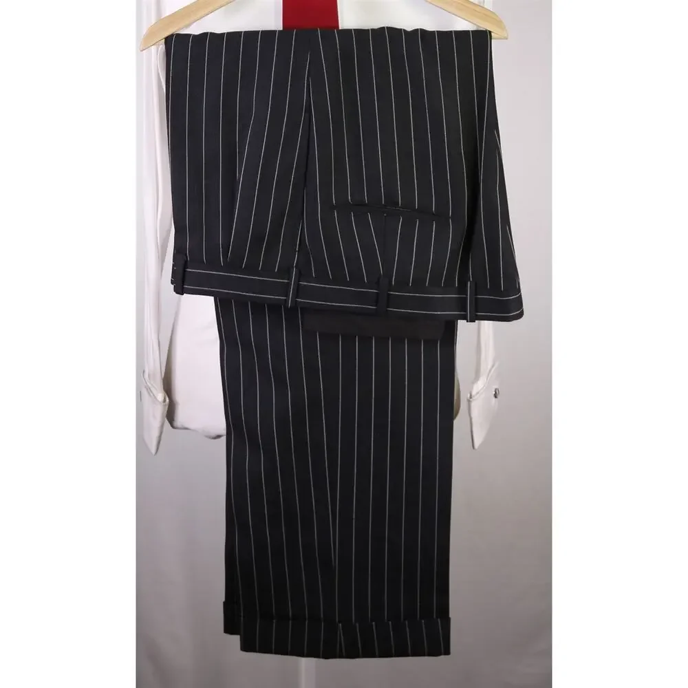 Edgar Pomeroy Custom Tailored Black Bold Pinstripe 2-Btn Wool Suit 46R